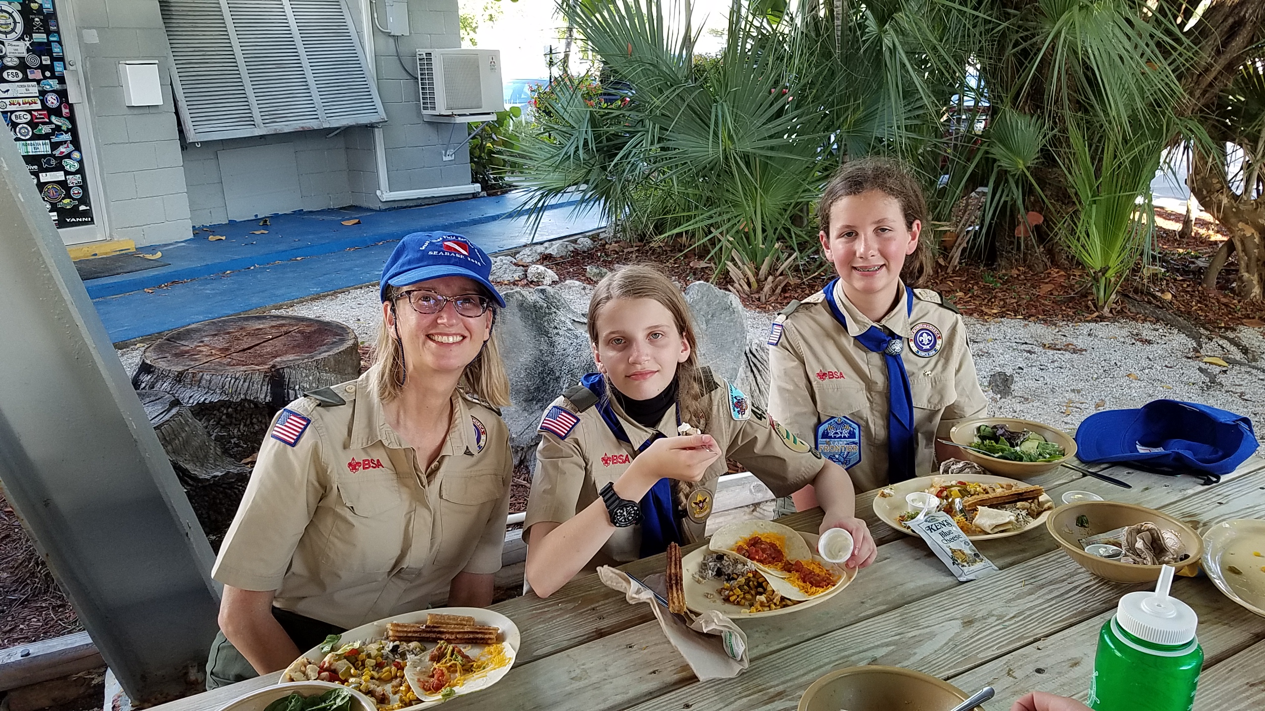 Leader and 2 scouts eating lunch at Florida SeaBase